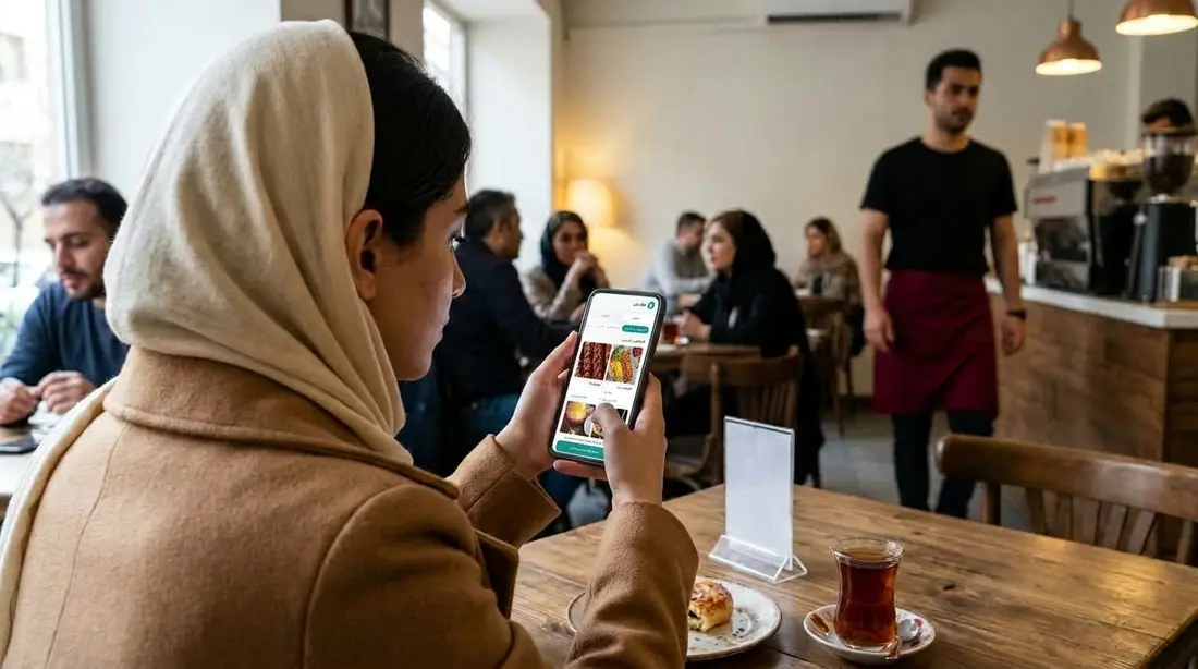 مشتری سر میز منو رو روی گوشیش باز کرده