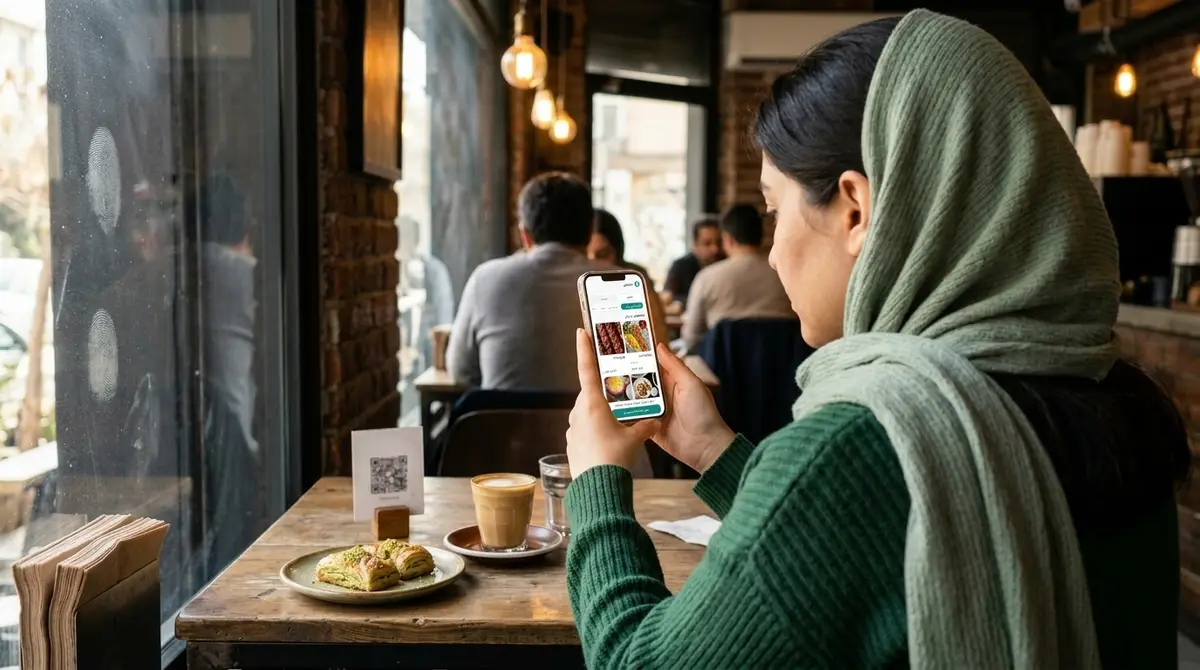 کارت QR روی میز کافه و منو که روی گوشی مشتری باز شده