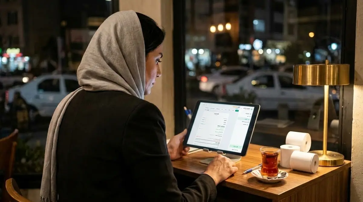 صاحب مغازه آخر شب گزارش روز رو روی تبلت می‌بینه