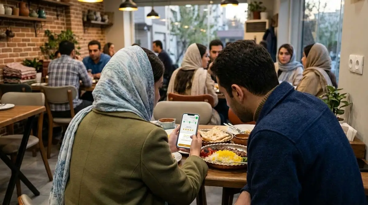 مشتری بعد از غذا نظرش رو روی گوشی ثبت می‌کنه